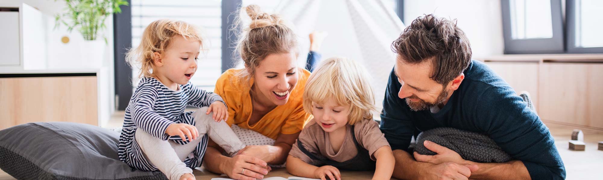 Family enjoying playtime in a comfortable home