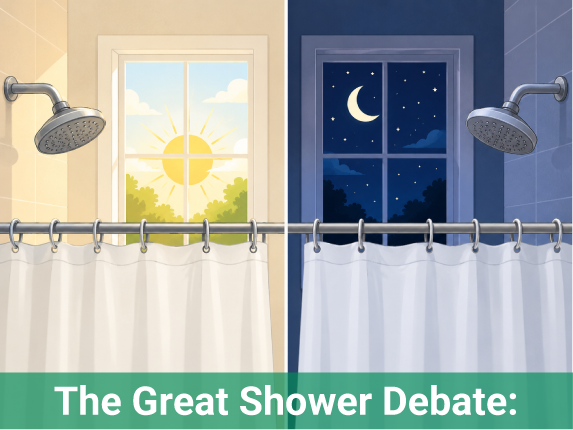 Graphic displaying shower in morning and night time